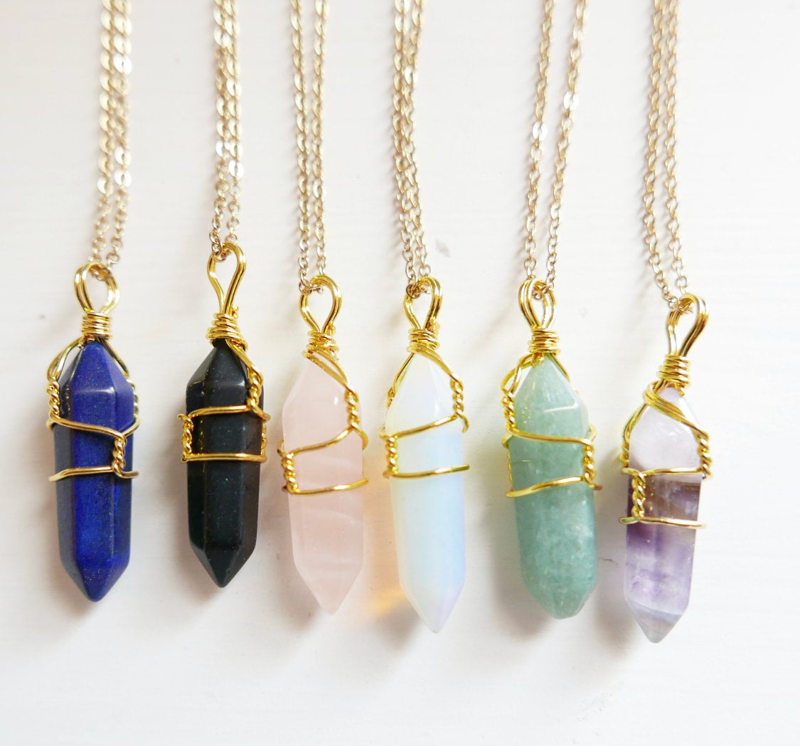 Wire Wrapped Crystal Necklace Gold